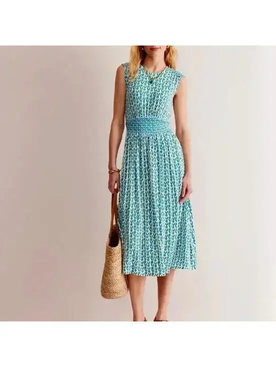 Boden THEA Floral Smocked MIDI SLEEVELESS Women 4 GREEN TAMBOURINE DAISIES - Picture 1 of 9